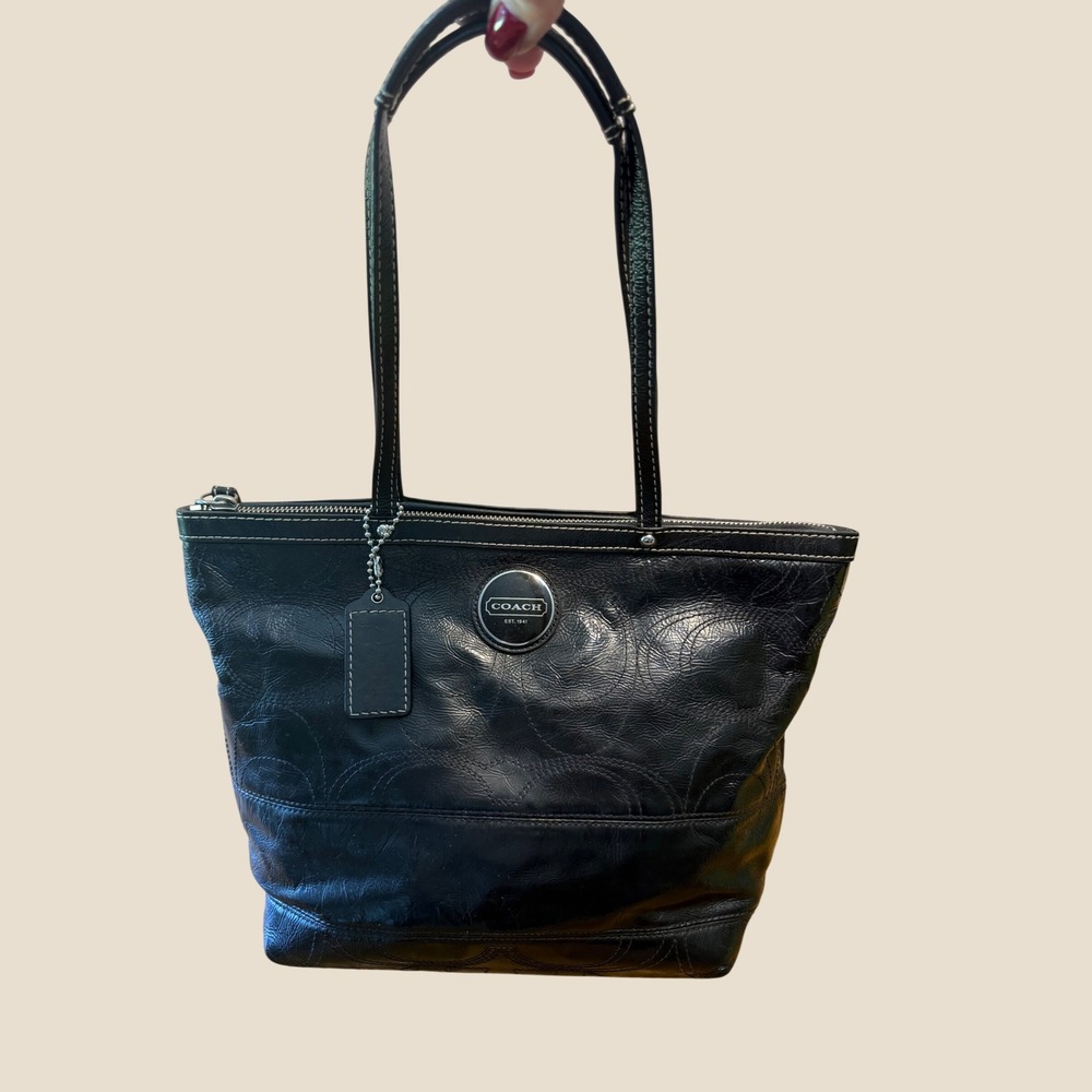 Coach 11472 Black Embossed Signature Leather Tote Shoulder Bag Silver Hardware
